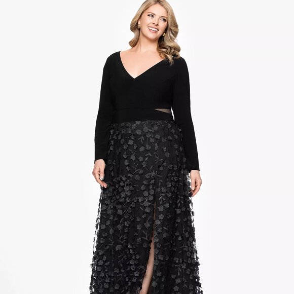 XSCAPE Long Sleeve Embellished Dress Black Plus Size - Picture 2 of 6